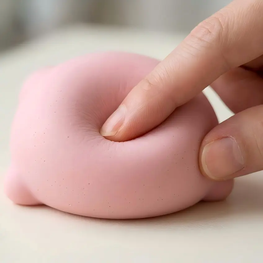 Close-up of a TPE soft plastic squishy showing the slow-rising rebound feel after compression and the matte soft-touch surface