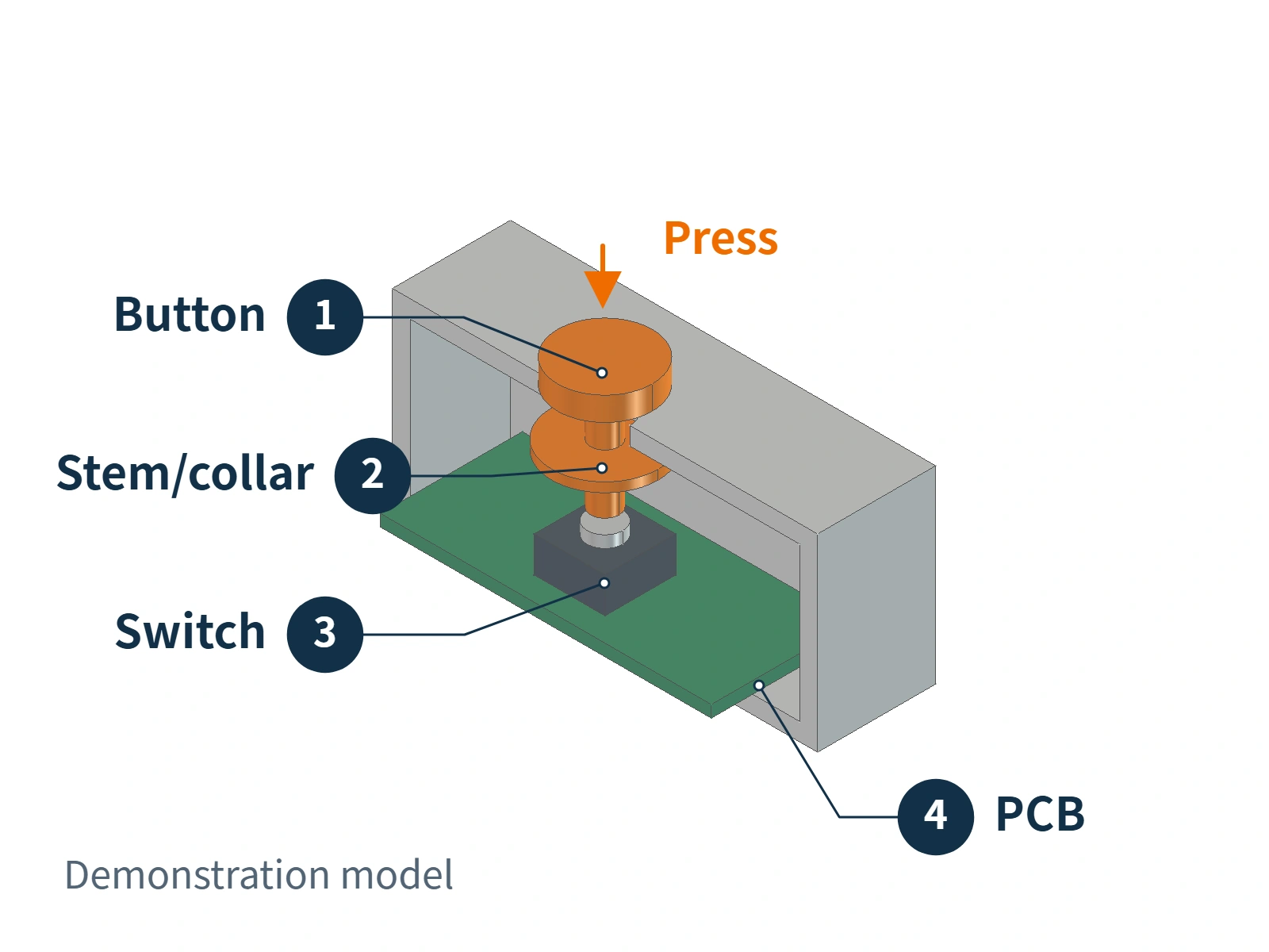 Demonstration model showing a button plunger aligned with a switch on the circuit board
