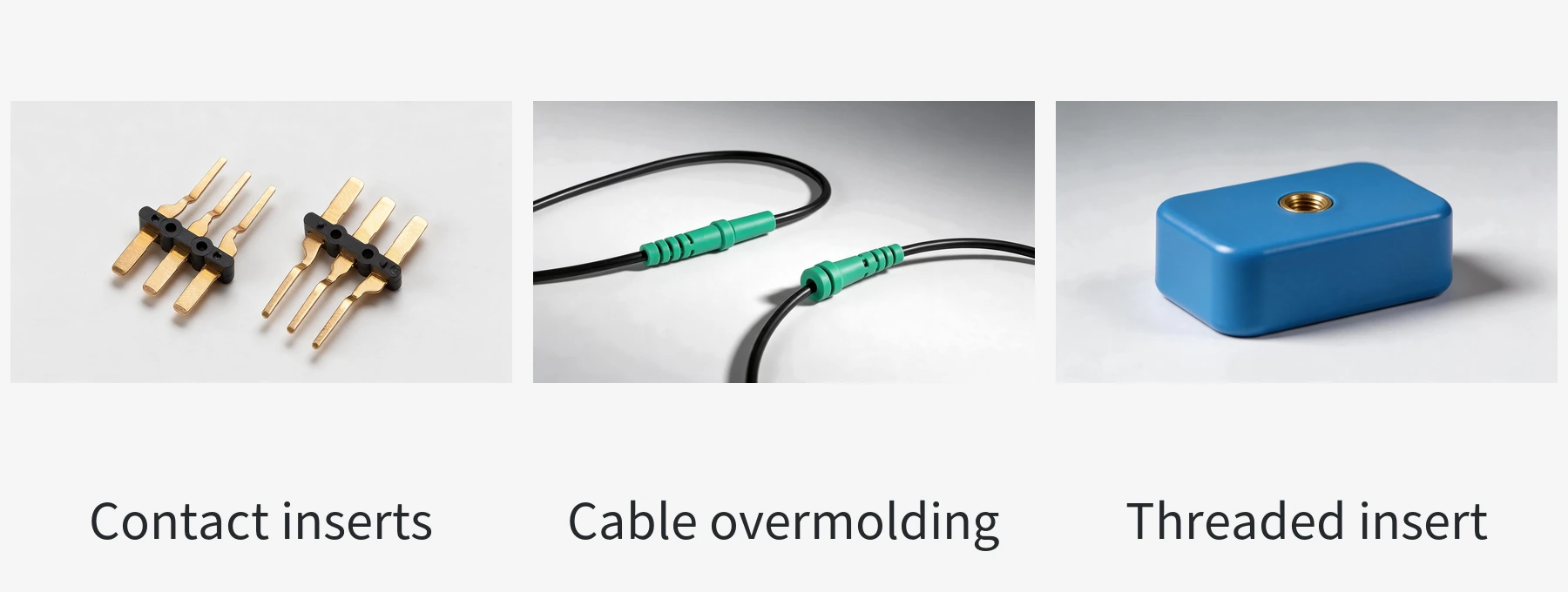 Insert-molded contacts, molded cable sleeves, and a plastic part with a threaded metal insert