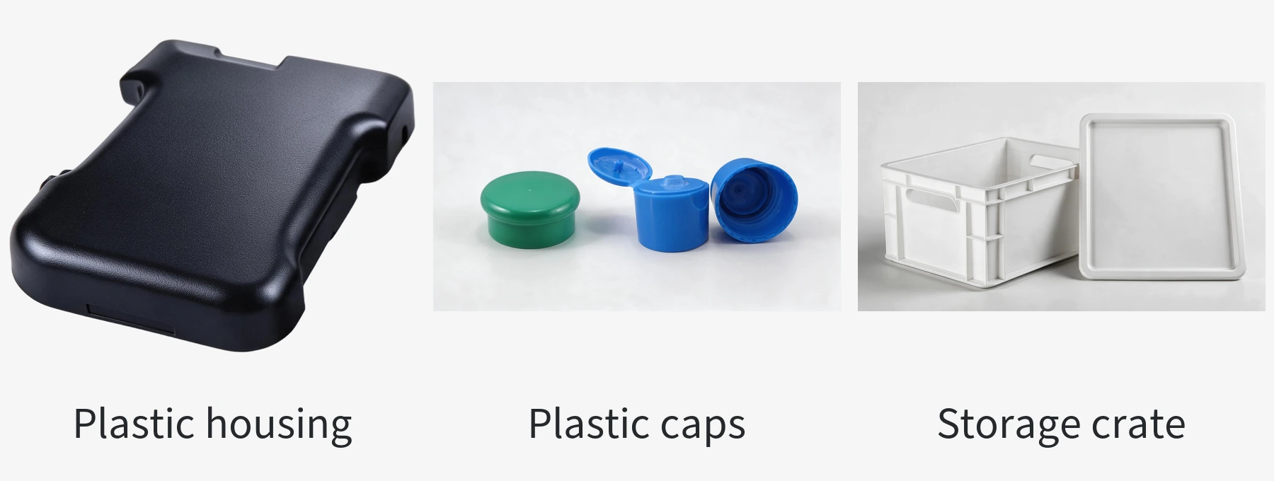 A standalone plastic housing, plastic caps, and a storage crate